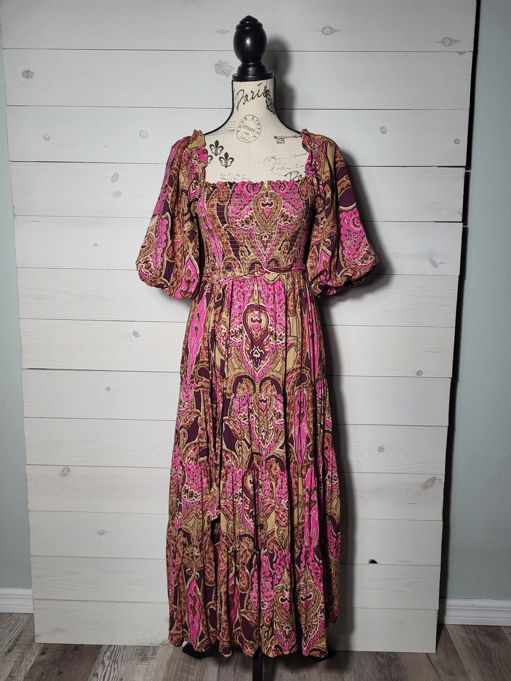 A Loves A Maxi Dress Paisley Puff Sleeves Smocked Cotton Blend Whimsical BOHO.